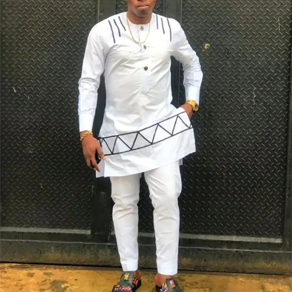 Men Dashiki Long Sleeve 2 Piece Set Traditional Outfit Clothing