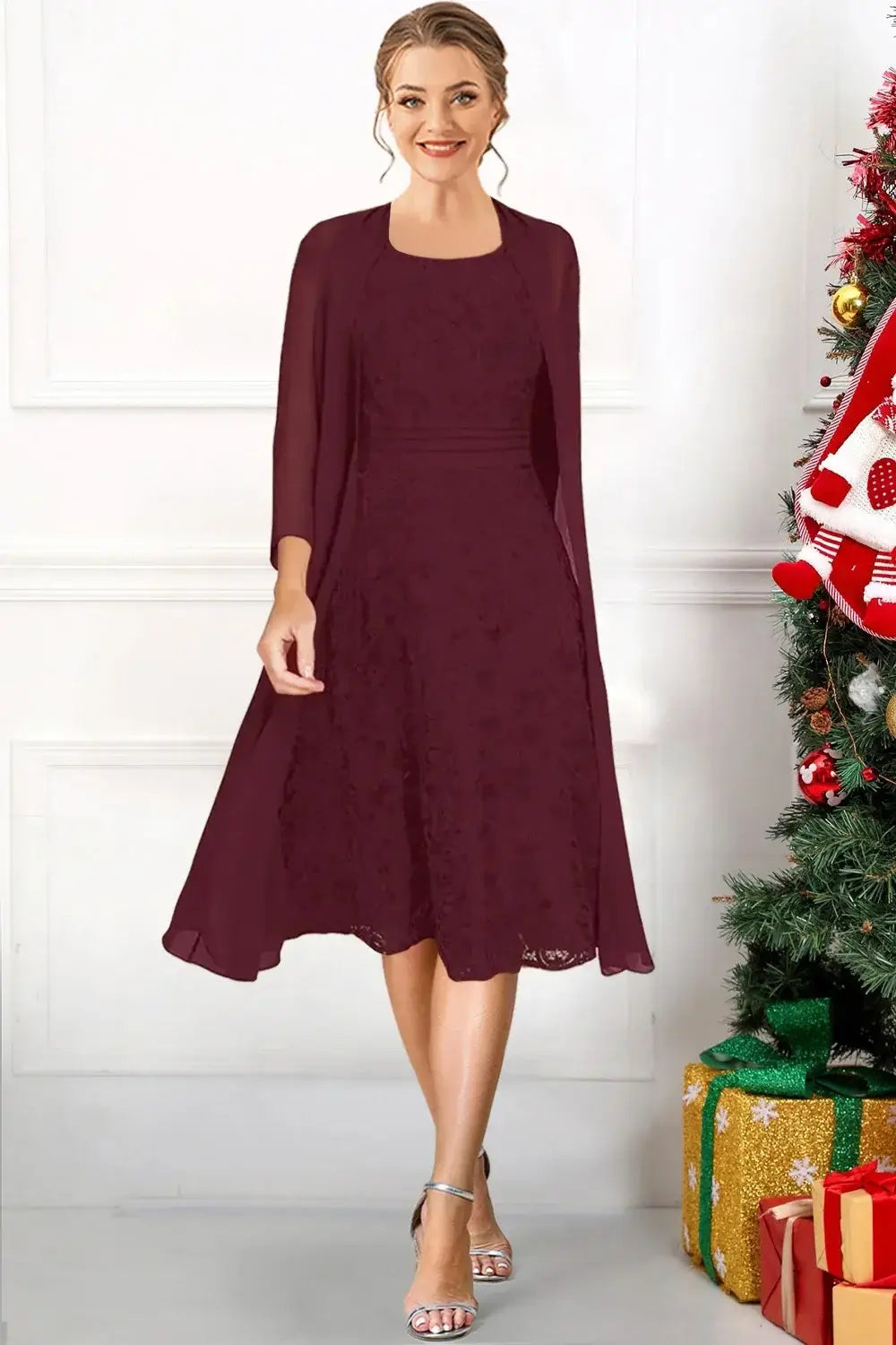 The Bride Formal Burgundy Two Pieces Midi Dress With Jacket