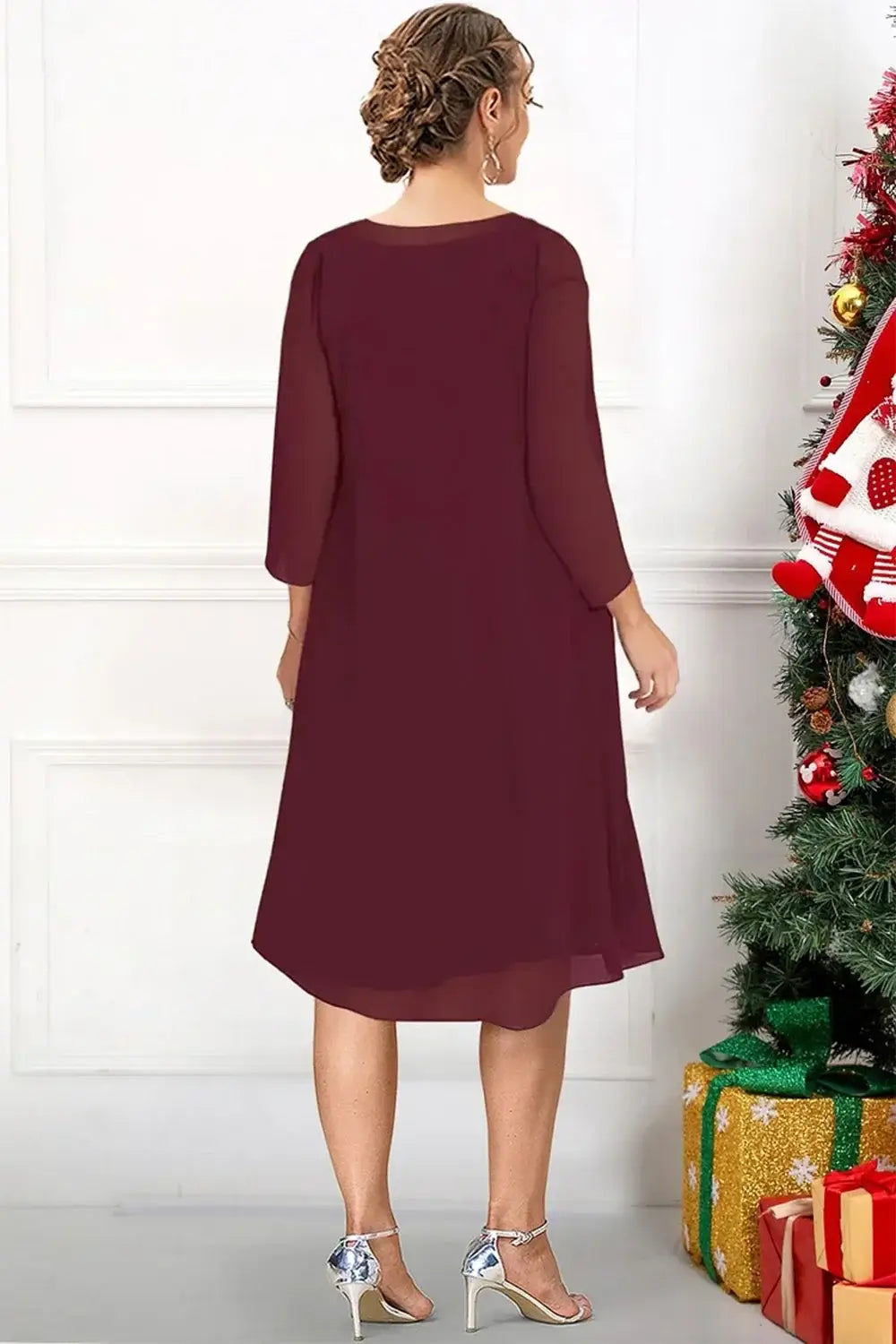 The Bride Formal Burgundy Two Pieces Midi Dress With Jacket